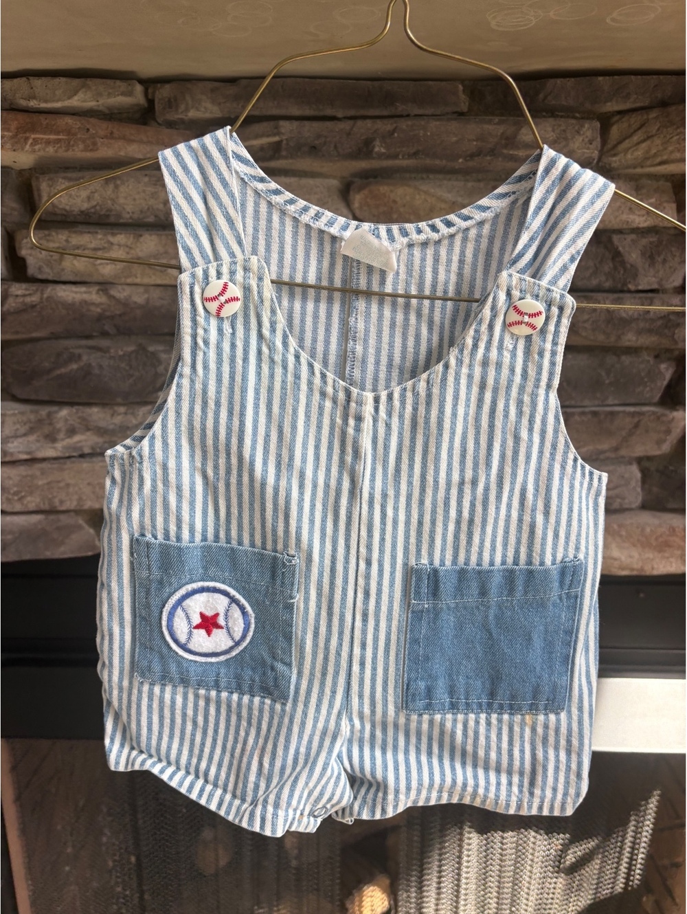 Vintage Hopscoth Baseball Blue Striped Baby Shortalls 0 6 months Boys